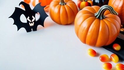flat lay composition crisp white table showcasing essential halloween party elements pumpkins colorful candies ample space creative additions
