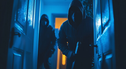 masked burglar with crowbar breaking and entering into a victim  home