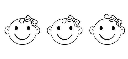 Cartoon baby face drawing. Draw happy smile baby face emblem with hair line. Child's profile icon or logo. Kids and parenting themes. Girl and hair knot or hair tie. Head, eyes expressions with emotio