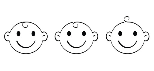 Cartoon baby face drawing. Draw happy smile baby face emblem with hair line. Child's profile icon or logo. Kids and parenting themes. Boy or girl expression. Head, eyes expressions with emotions 