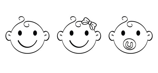 Cartoon baby face drawing. Draw happy smile baby face emblem with hair line. Child's profile icon or logo. Kids and parenting themes. Boy or girl expression. Head, eyes expressions with emotions 