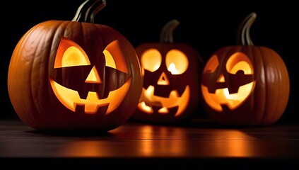 Fototapeta premium halloween card featuring glowing surrounded candles black background row sinister pumpkins carved grimaces smokes ominously darkness