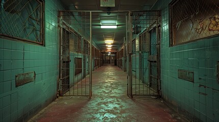A dimly lit, eerie corridor in an abandoned prison showcasing rusted gates, turquoise walls, and a cracked concrete floor that evokes a sense of isolation