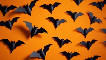 halloween flat lay composition featuring black paper bats flying gold stars orange background