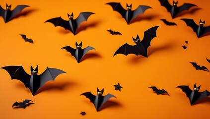 halloween flat lay composition featuring black paper bats flying gold stars orange background