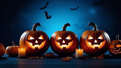 halloween holiday frame featuring party decorations pumpkins bats ghosts spiders blue background