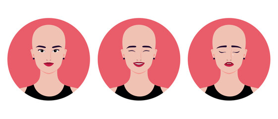 Set of avatars of beautiful bald young woman. Smiling, crying and laughing bald girl. Vector illustration