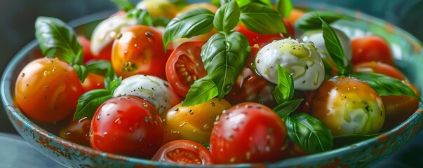 Caprese salad with heirloom tomatoes and basil, 4K hyperrealistic photo