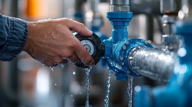 A realistic depiction of a hand operating a water meter valve, clear pipes showing the flow of water, capturing the intricacies of the plumbing system