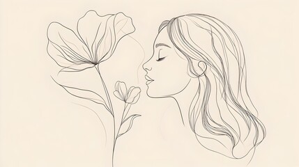 Ethereal Beauty - Serene Woman Profile Sketch with Floral Accents
