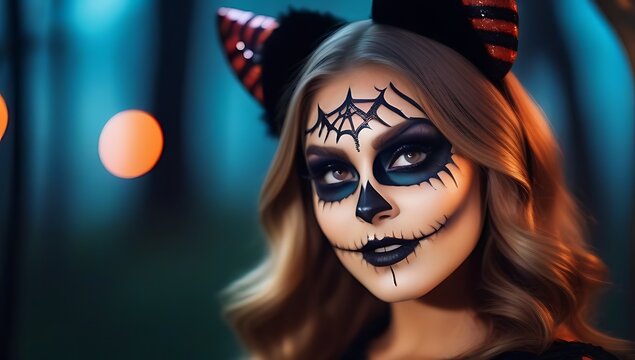 playful girl adorned captivating halloween makeup playfully directs attention mischievous point