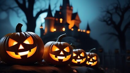 scary halloween background pumpkins old castle generative ai