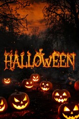 Spooky Halloween night with glowing jack-o'-lanterns in a dark forest.