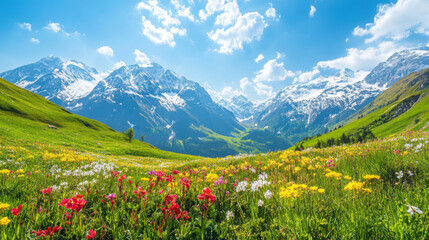 Fototapeta premium A picturesque alpine landscape with colorful spring flowers, green valleys, and snow-dusted mountains under a bright blue sky.