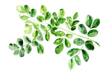Obraz premium Watercolor Herbal Leaves. Hand Drawn Illustration of Moringa Leaves for Culinary and Cosmetic Uses