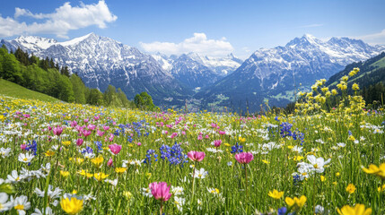 Fototapeta premium A vibrant display of spring flowers in the Alps, with majestic mountain ranges and clear skies creating a stunning backdrop.
