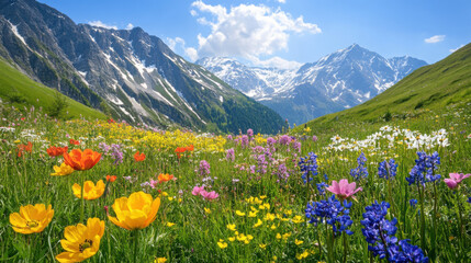 A vibrant display of spring flowers in the Alps, with majestic mountain ranges and clear skies creating a stunning backdrop.
