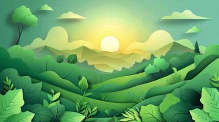 Obraz premium green landscape paper cut out animation style, cartoon 2d paper realistic 3d layers look, sun and tree and clouds background spring atmosphere natural environment healthy earth panoramic view panorama