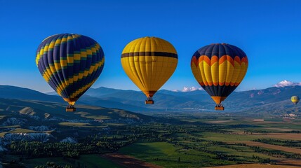 Naklejka premium Colorful Hot Air Balloons Soaring Over Mountain Landscape