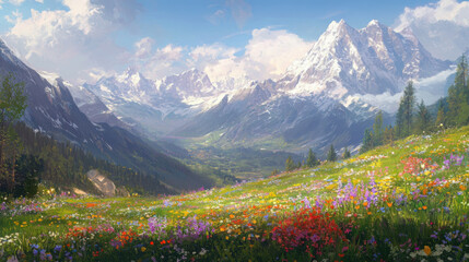 A serene alpine landscape in spring, with a carpet of wildflowers leading the eye to the snow-capped peaks in the distance.