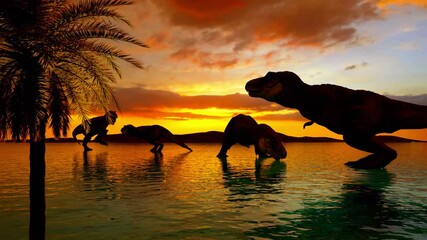 
Dinosaur silhouettes confronting each other in shallow waters at sunset.