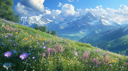 Obraz premium A peaceful alpine scene with blooming wildflowers, rolling green hills, and the majestic Alps standing tall in the background.