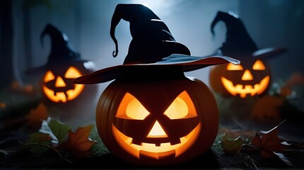 three glowing emerge fog witch hat adorns halloween pumpkin