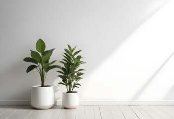 Fototapeta premium Two potted plants with green leaves on a white wall background.