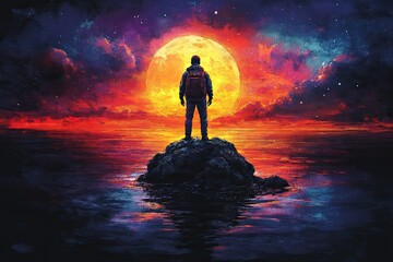Obraz premium Silhouette by the Cosmic Sunset Over Water