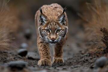 Fototapeta premium A lynx is captured moving forward on a rocky path, its gaze focused and intense as it navigates through the natural terrain. The scene captures its predatory nature as it moves with purpose.