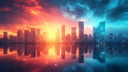 Fototapeta premium Cityscape Sunset Reflection.