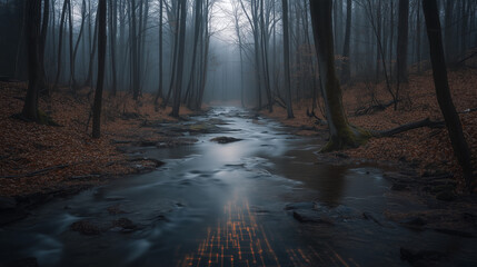 Obraz premium A mysterious forest stream with glowing digital patterns beneath the water, blending nature with futuristic elements in a surreal setting