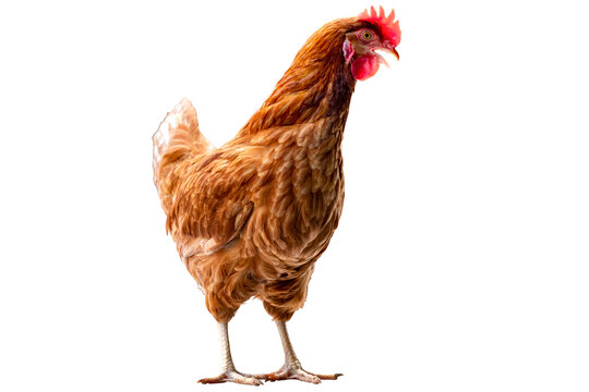 Chicken, Full body of brown chicken hen standing isolated transparent background, Laying hens farmers concept.