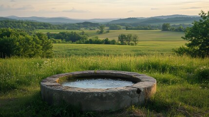 Fototapeta premium A rustic water gauge in a rural setting, monitoring the steady flow from an old well, surrounded by lush green fields and distant hills