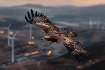 Obraz premium An eagle is caught mid-flight over a twilit landscape, with the golden hues of sunset blending softly with the silhouettes of wind turbines, exemplifying a fusion of nature and progress.