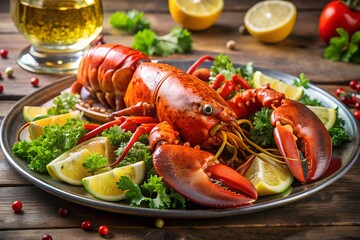 Delicious lobster gourmet seafood with sweet potato, baby tomato, and lemon