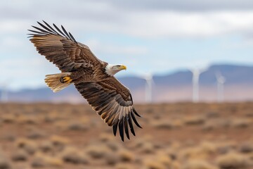 Fototapeta premium An eagle gracefully glides close to the arid ground with wind turbines visible in the distance, demonstrating the interconnection between ecosystems and renewable energy development.