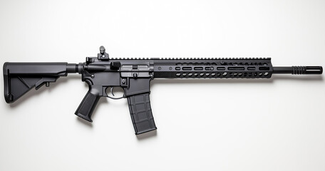 Assault rifle with a large magazine, on a white background, in a flat lay arrangement.