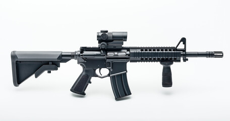 Assault rifle with a large magazine, on a white background, in a flat lay arrangement.