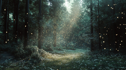 Obraz premium A peaceful forest illuminated by glowing fireflies at dusk, creating a magical atmosphere with warm, golden light