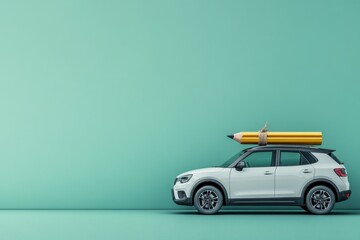 A white car proudly displays an oversized pencil tied to its roof in a charming, light green setting, creating room for imaginative Knowledge Day messages