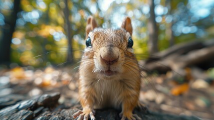 Close-up of an adorable chipmunk with wide eyes and whiskers in focus, surrounded by a vibrant, blurry autumn forest background, capturing the essence of nature up close
