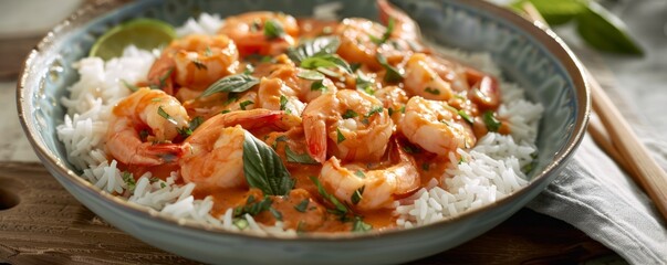 Coconut curry shrimp with jasmine rice, 4K hyperrealistic photo