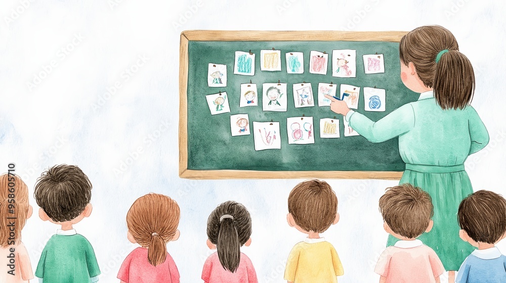 Wall mural a teacher engages young students in a colorful classroom, pointing at image cards on a chalkboard, p