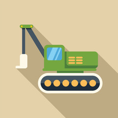 Green excavator digging with long shadow icon in flat style