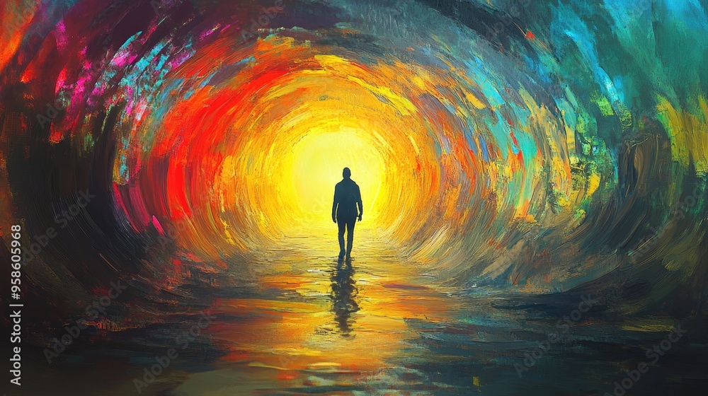 Poster A Man Walks Towards a Bright Light in a Colorful Tunnel