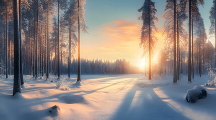 A panoramic view of an enchanted winter forest at sunset, with tall trees covered in snow and the warm glow of sunlight filtering through them