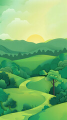 Obraz premium green landscape paper cut out animation style vertical view cartoon 2d paper realistic 3d layers look, sun and tree and clouds background spring atmosphere natural environment healthy earth panorama