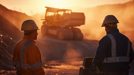 Miners discussing safety measures at a dusty mine site with heavy machinery in the background, intense focus