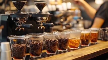 Coffee brewing techniques being demonstrated a hip cafe with baristas preparing espresso pourover and cold brew using premium beans